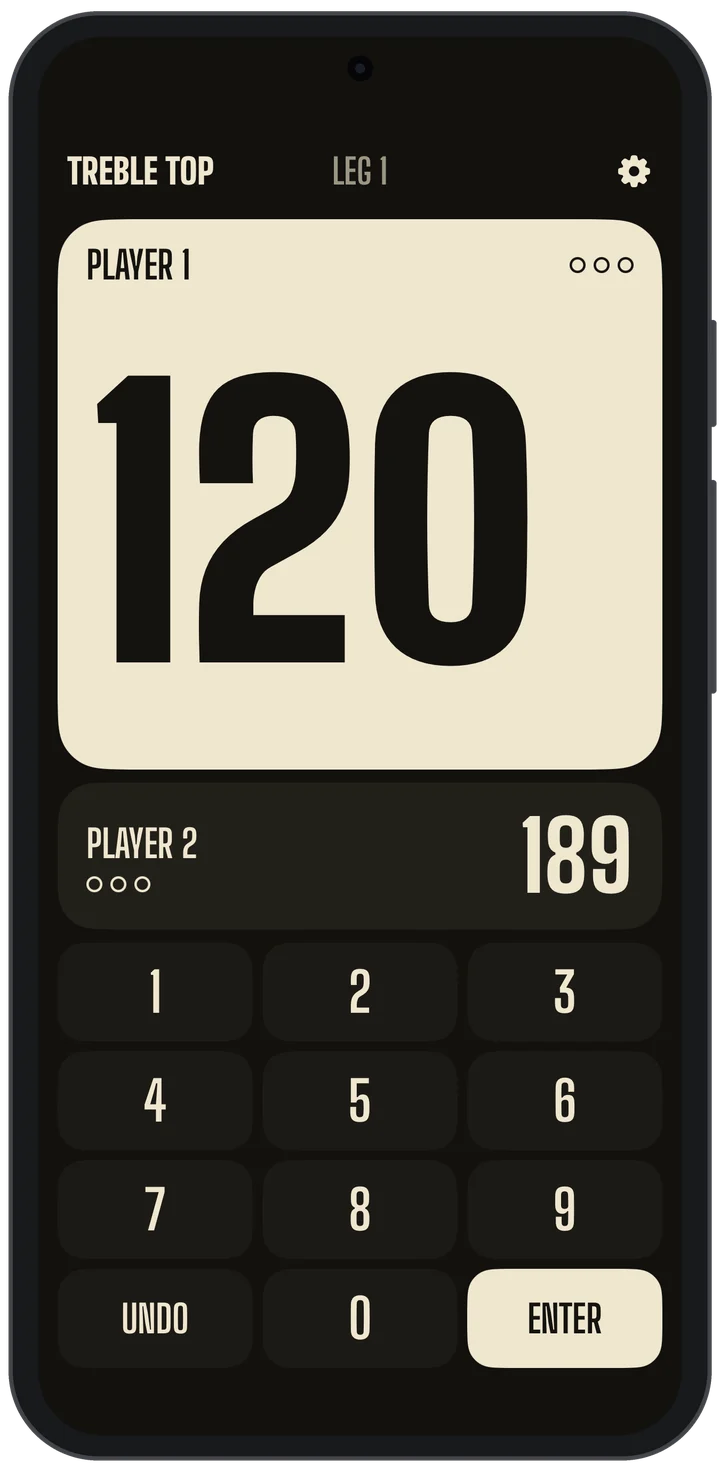 Treble Top on an Android phone during a match, with the score left in large numerals on the cream card